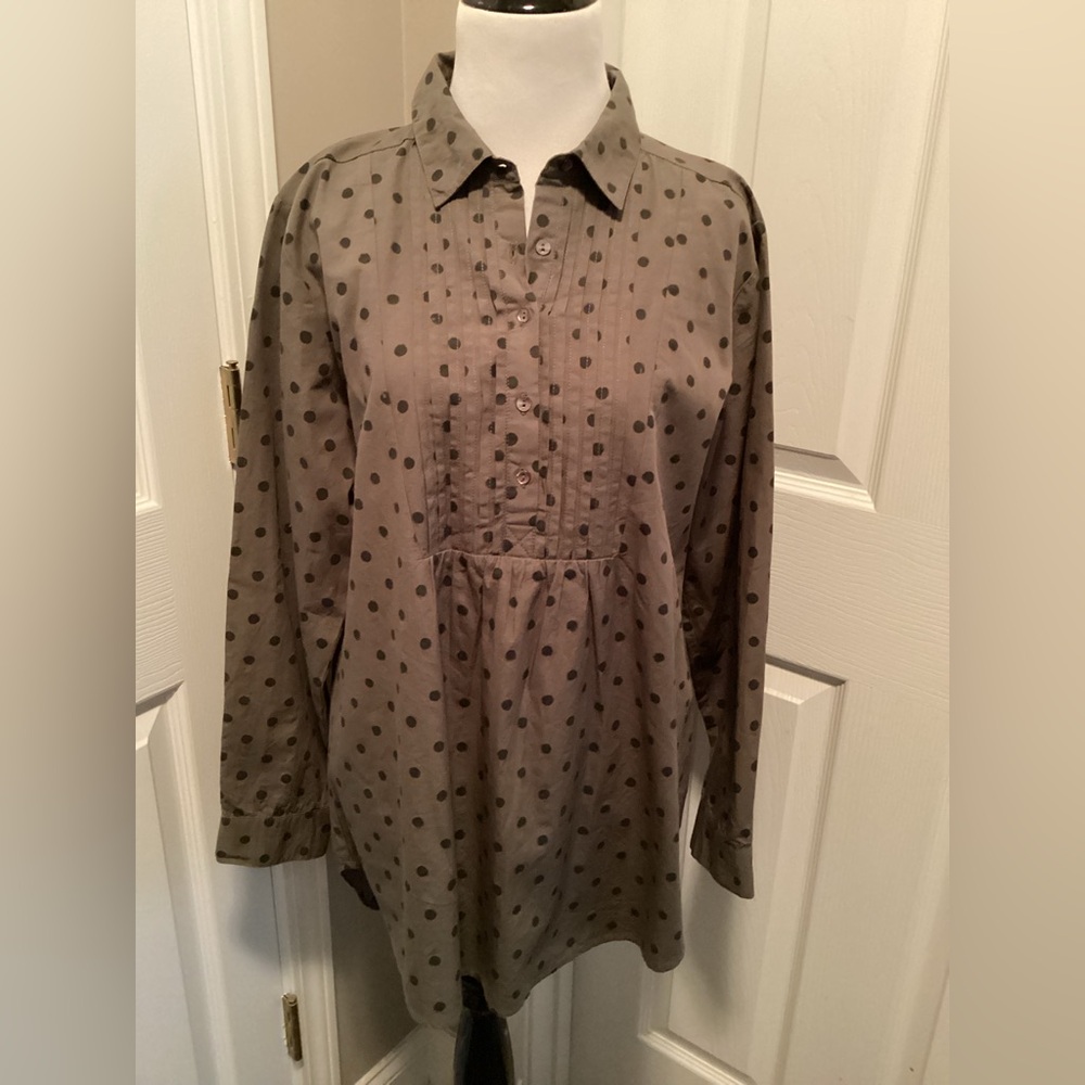 Sundance Lively Days Tunic Green Black Polka Dot Collared Pullover Tunic Small